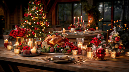beautifully decorated rustic wooden table set for festive Christmas dinner, featuring golden turkey, vibrant red roses, candles, and sparkling Christmas tree in background. warm ambiance creates