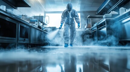 Protective Suit-Clad Technician Disinfecting Laboratory Surfaces – Emphasis on Safety, Hygiene, and Precise Sterilization in a Professional Lab Environment
