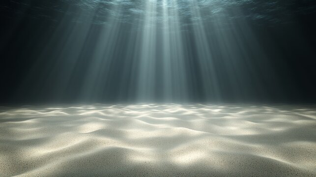 Empty ocean floor, faint light casting gentle shadows, the sand undisturbed, a timeless and tranquil underwater setting