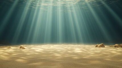 Peaceful ocean floor, sand and rocks, beams of light casting gentle shadows, a quiet and timeless underwater world