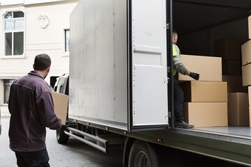 Men loading boxes onto delivery truck, teamwork in action