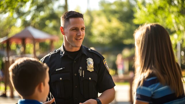 Police Officer Talking to Two Children Outdoors

