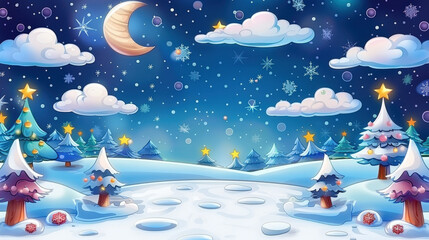Fototapeta premium serene winter landscape featuring snow covered trees, bright moon, and twinkling stars creates magical atmosphere. scene is perfect for evoking feelings of joy and wonder during winter season