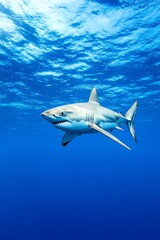 Fototapeta premium A great white shark (Carcharodon carcharias) swimming off the coast of Isla Guadalupe, Baja, Mexico