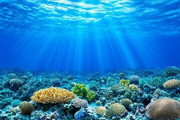Fototapeta premium Natural scene in French Polynesia, underwater sunlight filtering through water surface