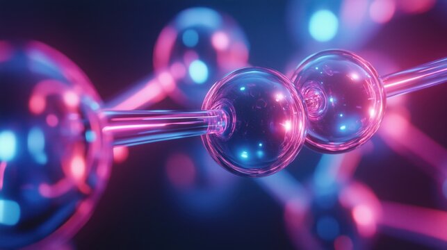 Close-up of neon-lit molecular structures with glowing spheres and reflections.