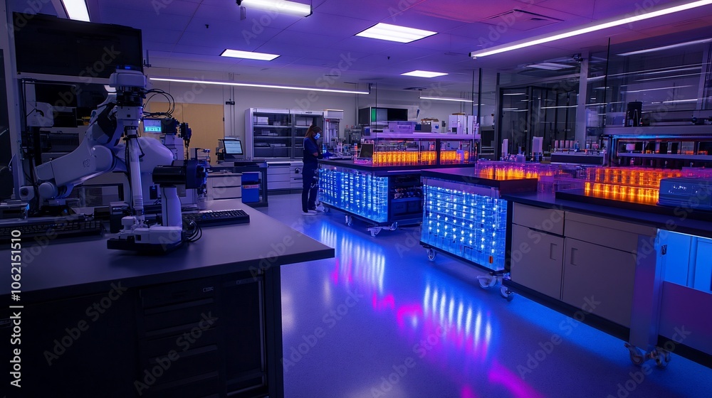 Aufkleber A modern laboratory with a robotic arm, microscopes, and a scientist working at a lab bench.