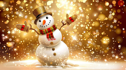 Obraz premium Cheerful snowman with carrot nose and scarf, surrounded by sparkling lights, embodies joy of winter festivities. Perfect for holiday themes and celebrations