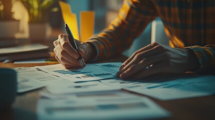 Close-up with soft focus on hands organizing an amortization schedule and credit analysis with loan documents, conveying a sense of financial progress