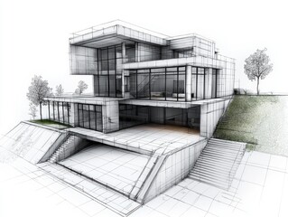 Modern Architectural Blueprint of a Sleek Multilevel Structure Architect design concept