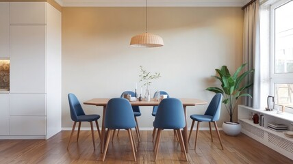 Fototapeta premium a living room with a couch, table, and a lamp.