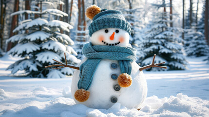 cheerful snowman with blue scarf and hat stands in snowy forest, surrounded by evergreen trees. Its friendly expression brings joy to winter landscape