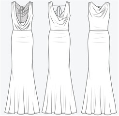 FIT AND FLARE LONG MAXI DRESS WITH COWL NECKLINE IN FRONT AND BACK WITH TIE UP DETAIL DESIGNED FOR YOUNG WOMEN AND WOMEN IN VECTOR FILE