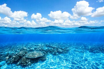 Taking a picture from under the surface of the ocean, looking towards the sky. The light patch represents the sun overhead, and the rain is falling hard on the surface.