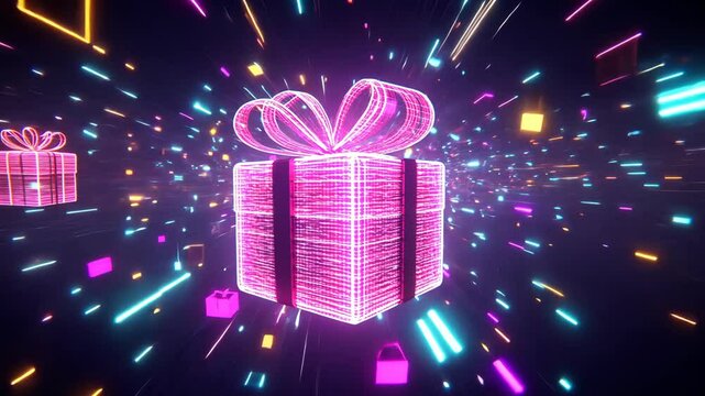 A glowing pink gift box with a bow is surrounded by streaks of light, creating a futuristic and festive atmosphere