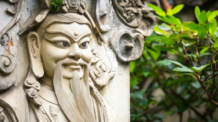 Obraz premium Close-up of a detailed stone carving of a man with a long beard and a serene expression, set against a backdrop of lush greenery.