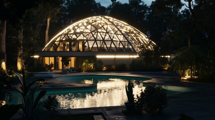 Obraz premium A dome covers a swimming pool, lit at night for a stunning effect