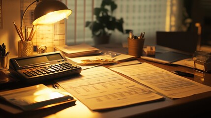 Gently lit scene featuring a detailed amortization chart, loan application, and credit documents on a professional desk, inspiring a sense of financial achievement