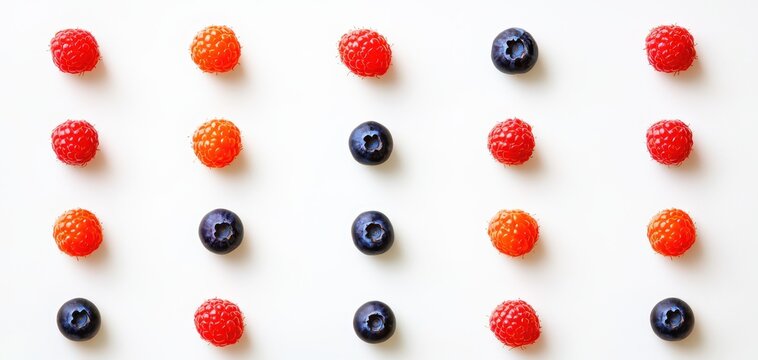 Line of strawberries, blueberries, and raspberries, arranged by color gradient, isolated on white background