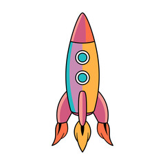 Colorful Cartoon Rocket. This is a simple, vibrant vector illustration of a cartoon-style rocket ship. Flames emerge from the bottom, symbolizing its launch into space.