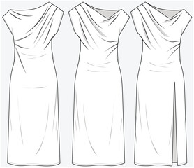 ASYMMETRIC MIDI LENGTH DRESS GATHERS AND SLIT DETAIL DESIGNED FOR YOUNG WOMEN AND WOMEN IN VECTOR FILE