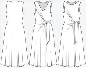 FIT AND FLARE MIDI LENGTH DRESS WITH WRAP TIE UP DETAIL DESIGNED FOR YOUNG WOMEN AND WOMEN IN VECTOR FILE