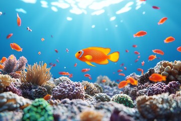 A coral reef and fish are seen underwater; this scene is from the Surin Islands; this is in the Phang Nga Province, in the southern part of Thailand.