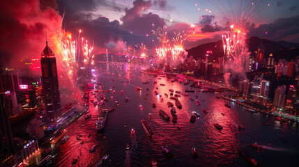 breathtaking view of vibrant city skyline illuminated by spectacular fireworks during New Year celebration, showcasing lively atmosphere and excitement of event