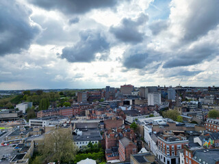 High Angle View of Buildings at Downtown Central Northampton City of East Midlands Region of England Great Britain. Aerial Footage Was Captured with Drone's Camera From Medium High Altitude on April 2