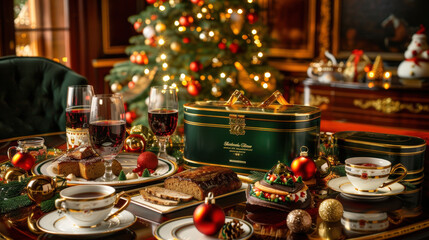 festive holiday table setting featuring variety of delicious treats, elegant glassware, and beautifully decorated Christmas tree in background. warm ambiance evokes sense of joy and celebration