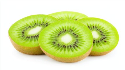 Fototapeta premium Neatly arranged slices of kiwi, showing vibrant green flesh and seeds, isolated on white background