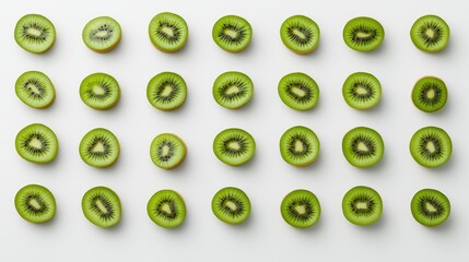 Neatly arranged slices of kiwi, showing vibrant green flesh and seeds, isolated on white background