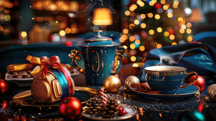 stylish holiday gift guide displayed on table, featuring beautifully wrapped gift, elegant tea set, and festive decorations. warm ambiance creates cozy atmosphere