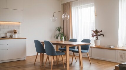 Fototapeta premium a living room with a couch, table, and a lamp.