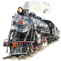 Naklejka premium Classic Steam Locomotive: A vibrant watercolor depiction showcasing a black train with billowing steam, ideal for art and transport themes.