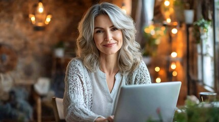 A smiling woman sits at a table, looking at the camera, with a laptop in front of her.