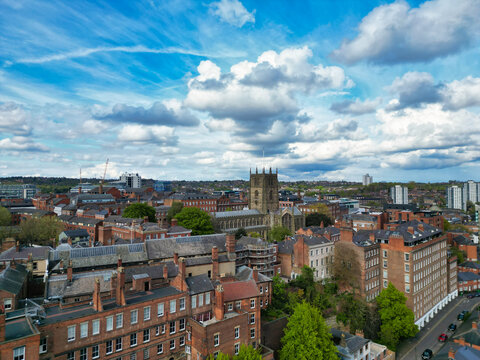 High Angle View of Buildings at Downtown Central Northampton City of East Midlands Region of England Great Britain. Aerial Footage Was Captured with Drone's Camera From Medium High Altitude on April 2
