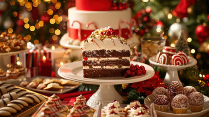 festive Christmas dessert table showcases variety of traditional treats, including rich chocolate cake layered with cream and topped with festive decorations. warm ambiance and twinkling lights