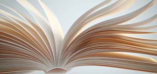 Open book with pages turning, vintage feel, close-up of text, literary ambiance, 3D illustration, isolated on white background