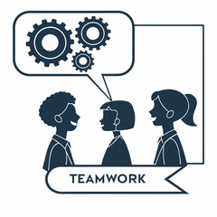 A graphical representation of teamwork. At the top, there's a rectangular bubble containing three gears, symbolizing collaboration and mechanics. Below the bubble, there are three human-like figures