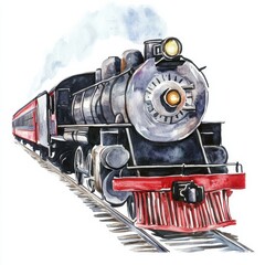 Obraz premium Watercolor illustration of a vintage steam locomotive, showcasing black and red colors, perfect for train enthusiasts and vintage art lovers.