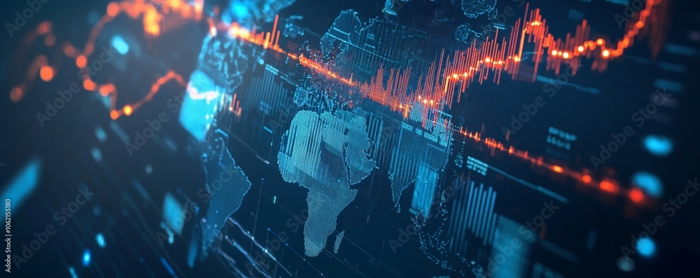 Poster world map with digital data and red line graph