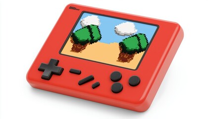 Retro gaming console, pixel art on screen, 3D illustration, isolated on white background