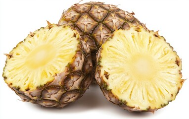 Ripe and juicy pineapple, cut in half to show interior, alongside whole, isolated on white background