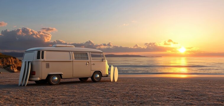 Retro camper van parked on a beach, surfboards leaning against it, sunset in the background, nostalgic travel vibe, 3D illustration, isolated on white background
