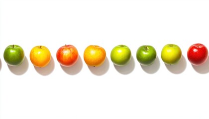 Row of green, red, and yellow apples arranged by color, isolated on white background