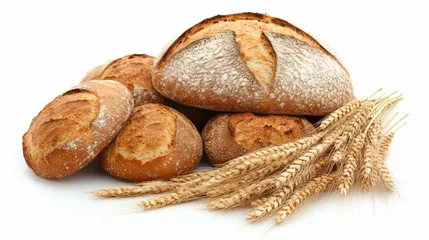 Gardinen Freshly baked bread with wheat stalks on a white background © reddish