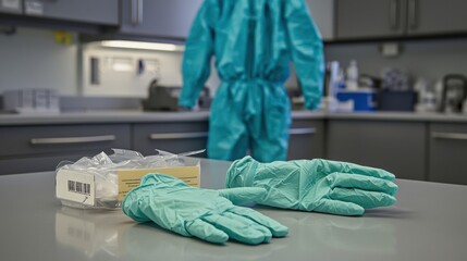 Protective Gloves and Face Mask on Clean Laboratory Counter with Protective Suit in Background – Essential PPE for Safe Laboratory Practices