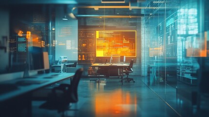 Obraz premium A modern office space with glass walls and desks lit by colorful neon lights.