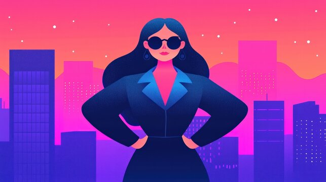 Confident Businesswoman Stands Proudly Against a Vibrant Cityscape Exuding Strength and Modernity